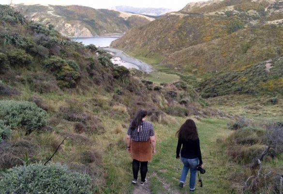 Duas mulheres caminham por trilha em Wellington, na Nova Zelândia