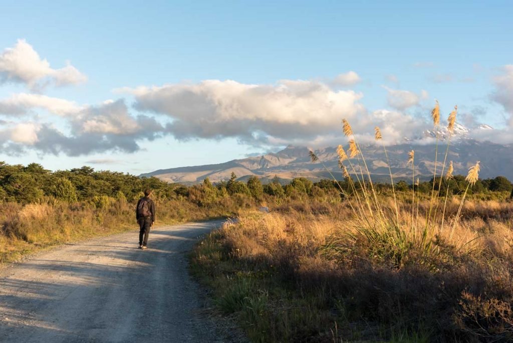 Homem caminha em estrada em entrada de camping na Nova Zelândia